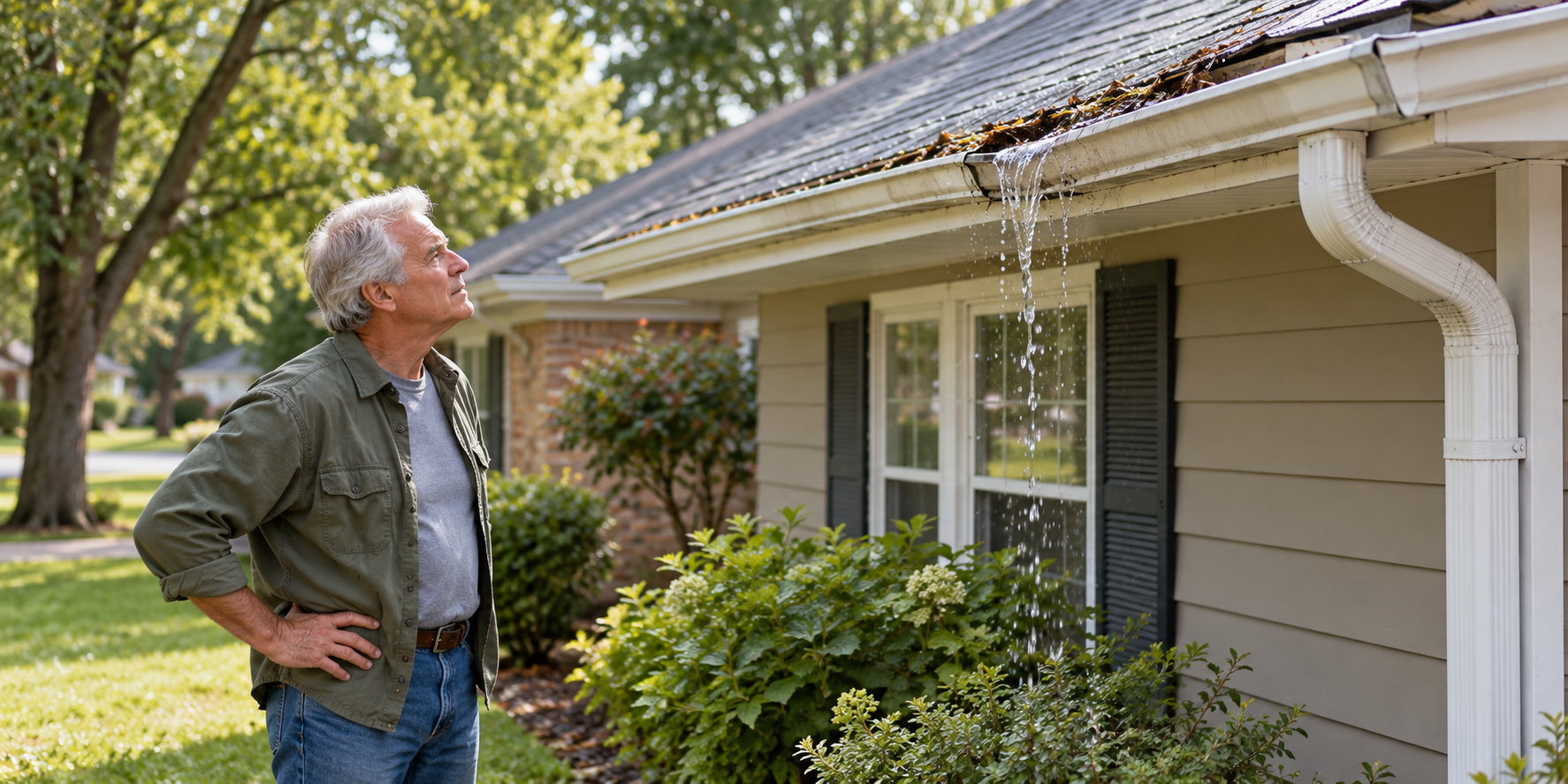 Older homeowner notices water overflowing from a gutter after rain