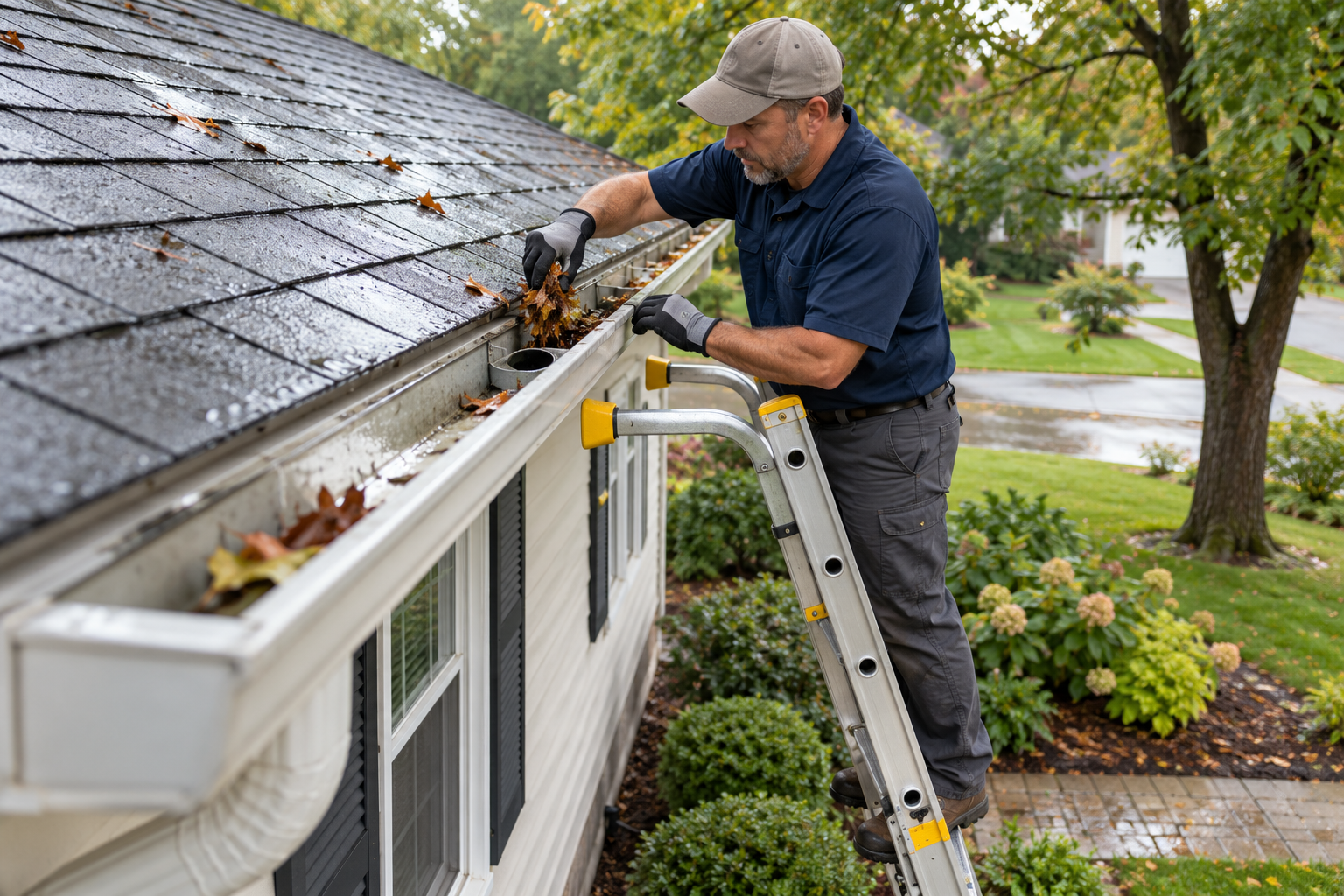 Gutter professional clears leaves while inspecting an existing gutter