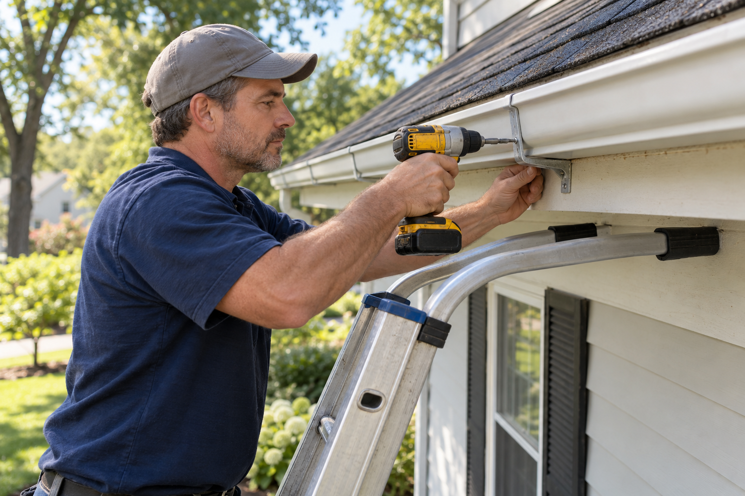 Gutter professional secures a loose gutter hanger before guard installation