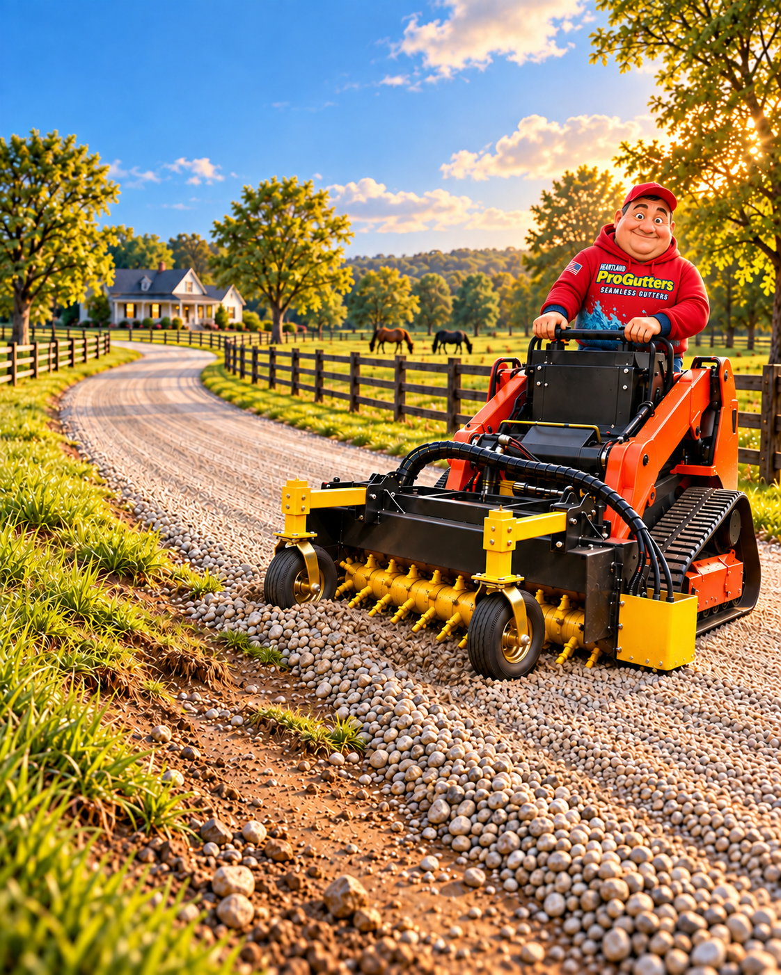 Heartland operator using a compact track loader and power rake to refresh a country gravel driveway