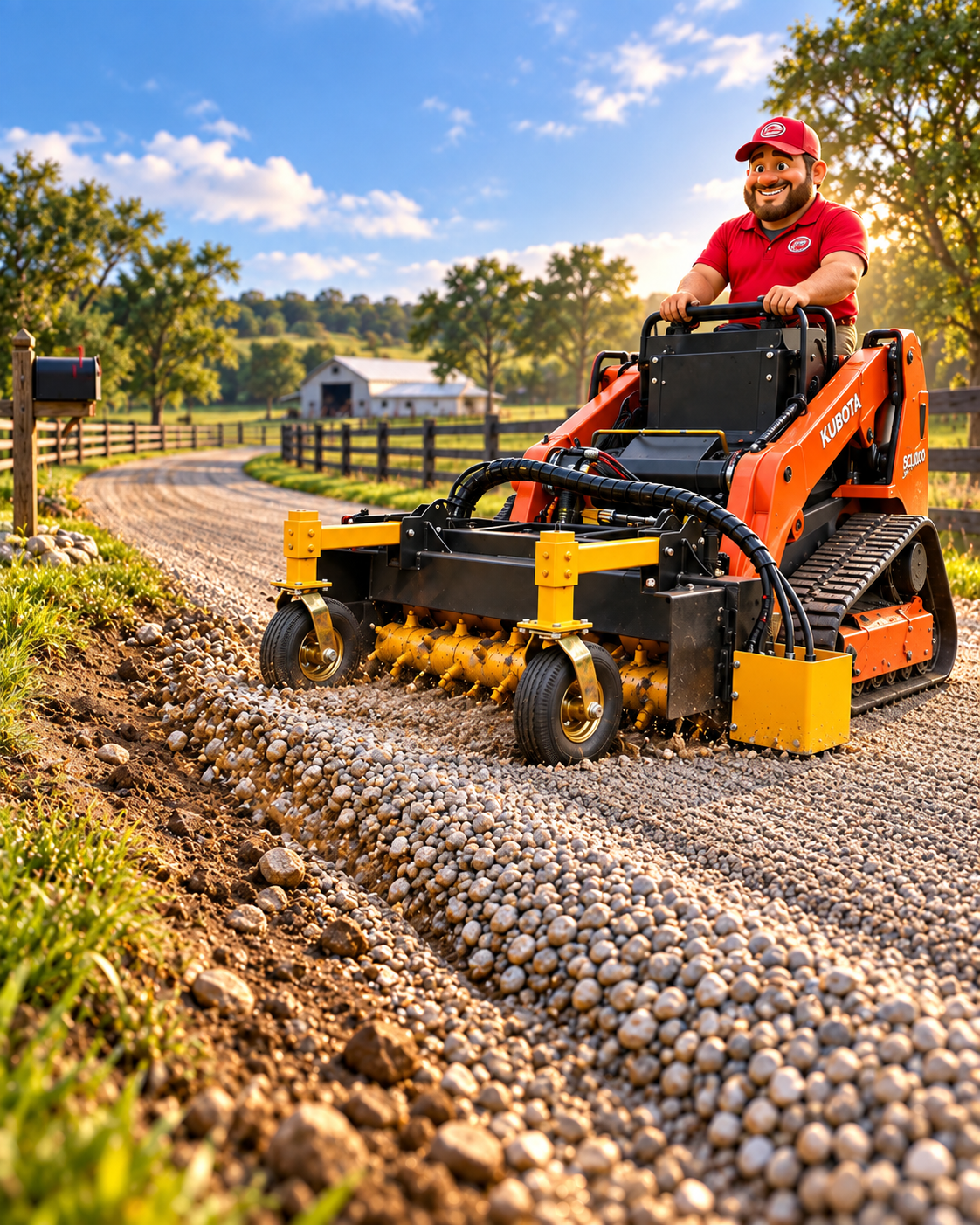 Power rake pulling displaced gravel back into a country driveway