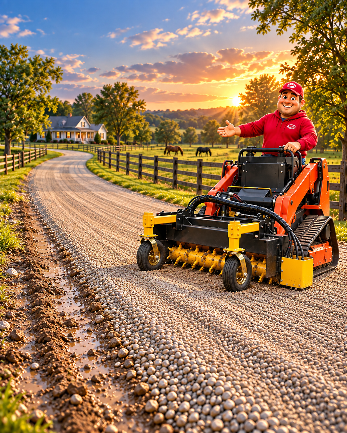 A smooth refreshed gravel driveway in a country setting