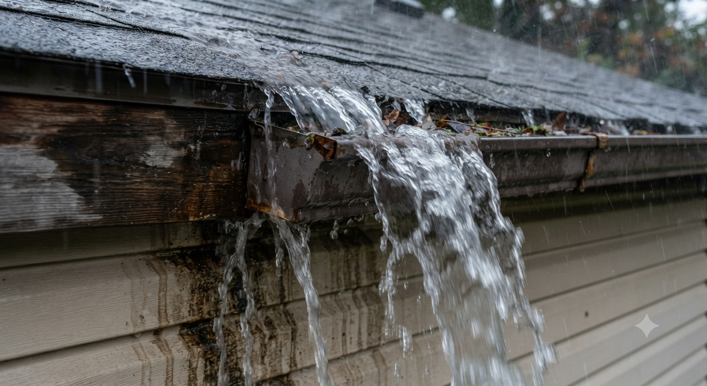 Overflowing gutters causing water damage to home fascia and siding in Western Kentucky.