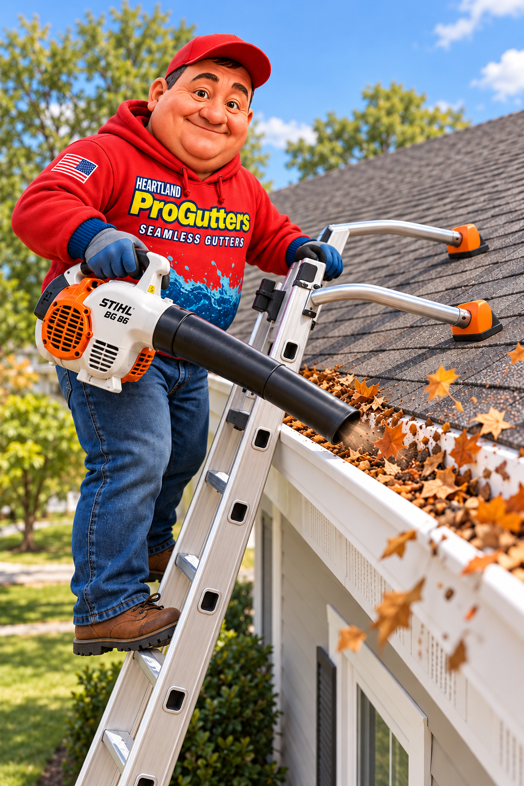 Heartland ProGutters technician using a leaf blower to clean fall leaves from a gutter