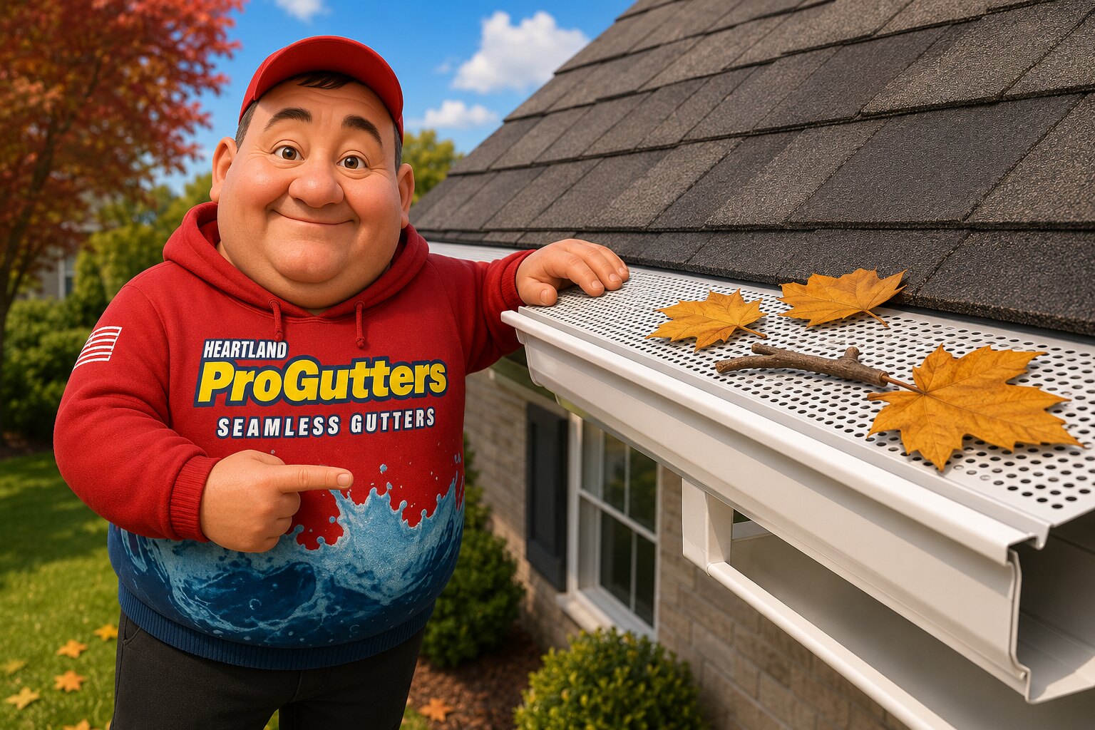 Heartland ProGutters technician explaining gutter protection installed over a gutter