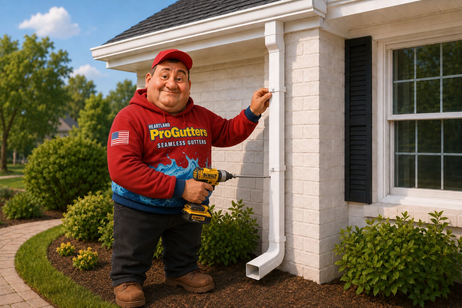 Heartland ProGutters technician making a gutter and downspout repair during a Gutter Tune-Up