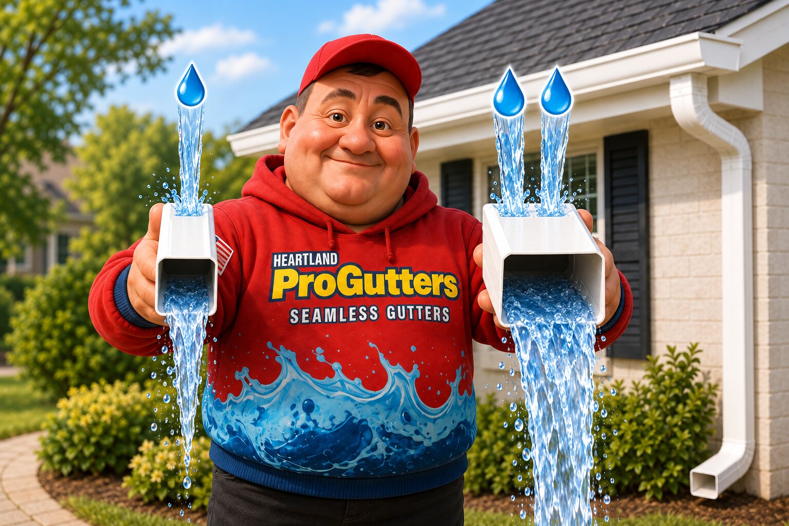 Heartland ProGutters technician comparing a smaller legacy downspout with a larger Hi-Flow downspout