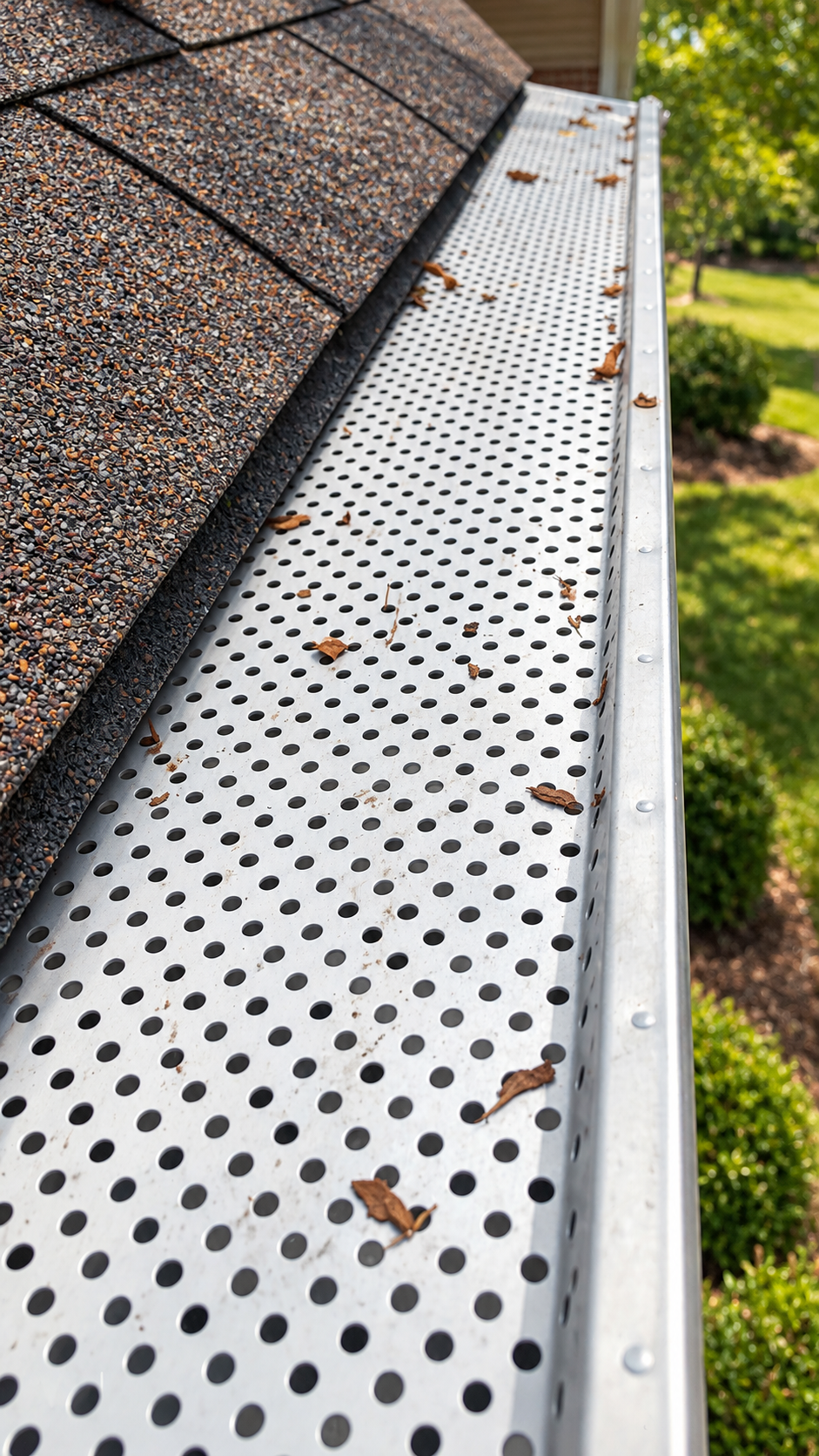 Illustrative rendering based on a real Heartland photo of white round-hole perforated gutter protection