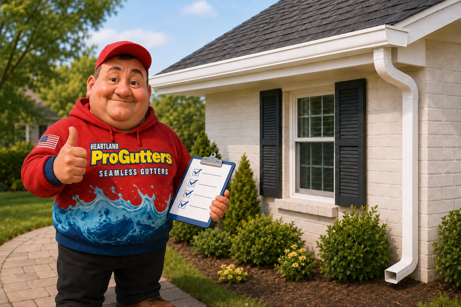 Heartland mascot with a checklist beside a completed gutter installation