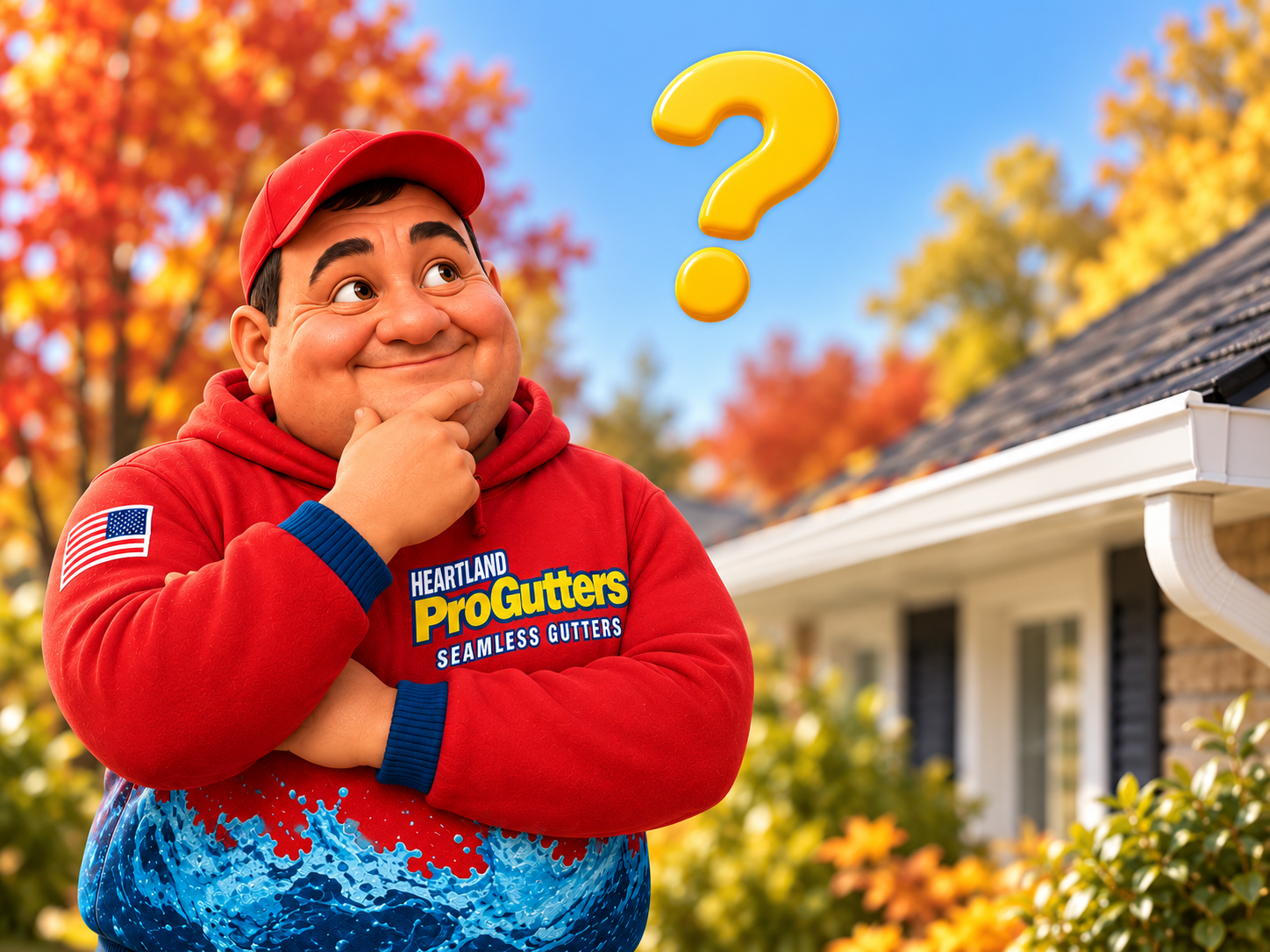 Heartland mascot thinking about a gutter guard question