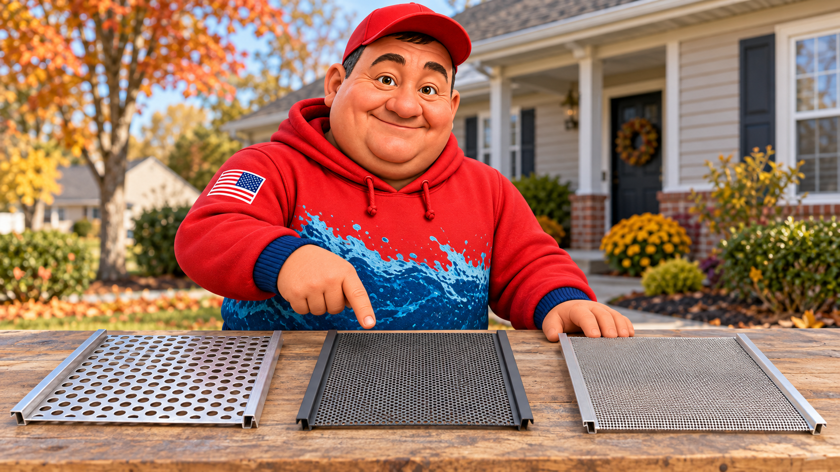 Illustration of the Heartland mascot comparing perforated, small-hole screen, and fine micro-mesh samples