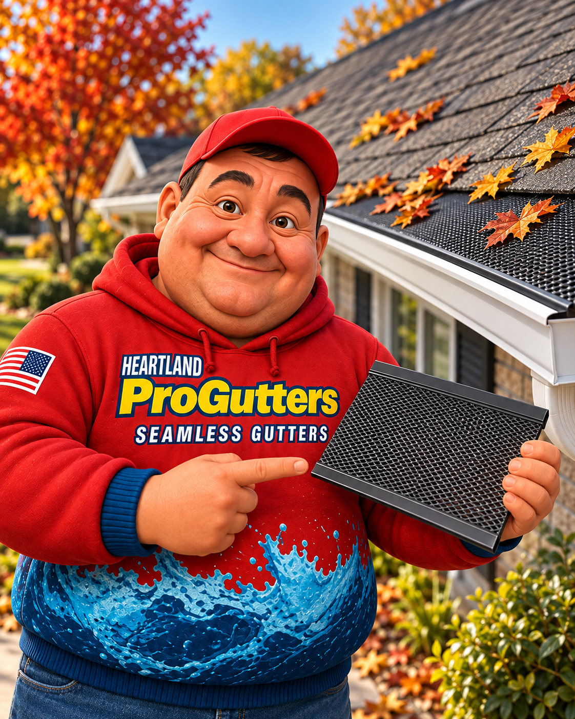 Heartland mascot pointing to a visible sample of small-hole gutter guard held beside a home