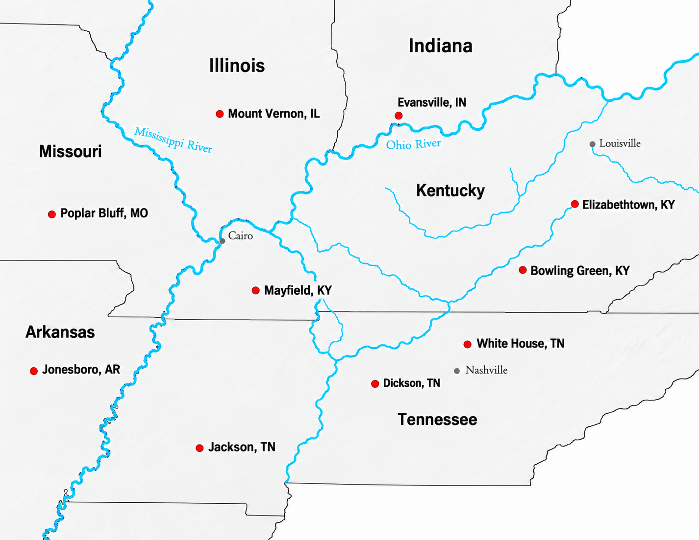 Illustrative regional map with Chop and Drop service cities in Kentucky, Illinois, Indiana, Missouri, Arkansas, and Tennessee