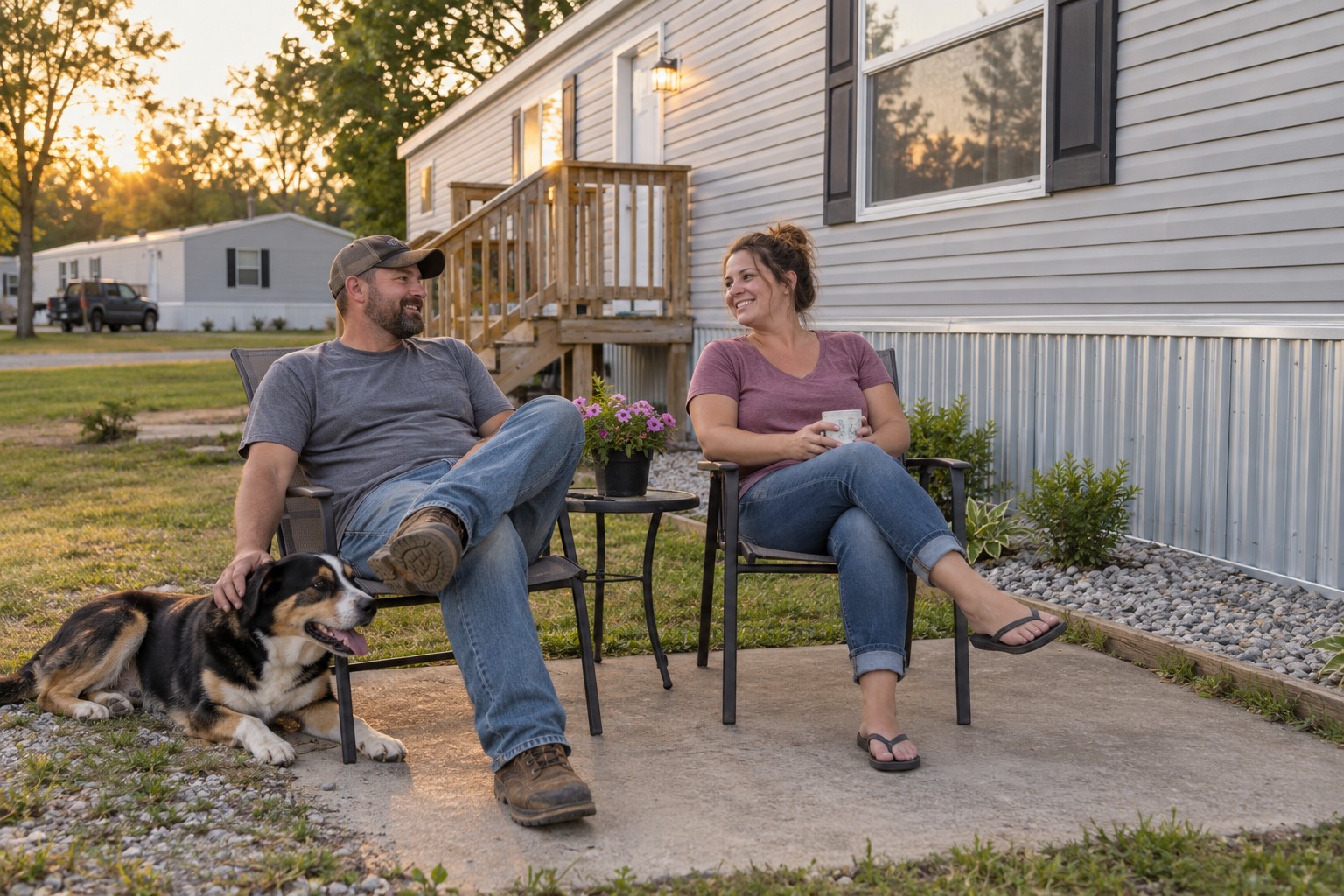 Illustrative couple in their late thirties relaxing on a patio beside a double-wide home with metal skirting
