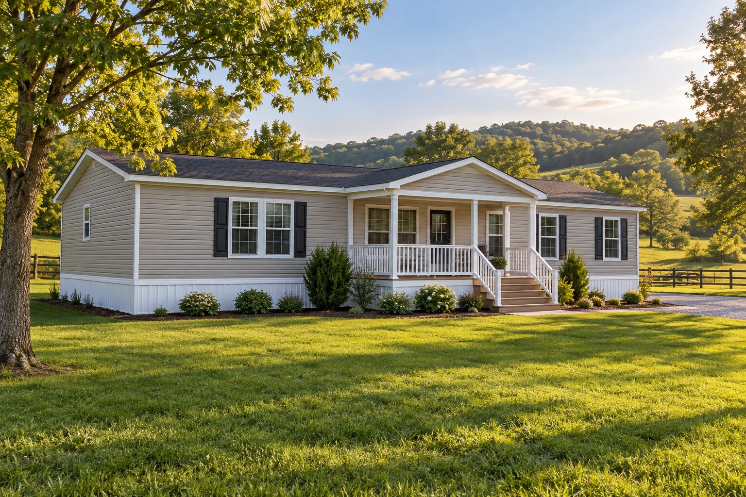 Illustration of a manufactured home with white skirting, a front porch, and a tidy lawn