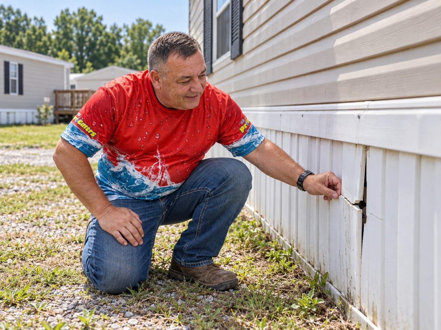 Heartland ProGutters character inspecting damaged vinyl skirting