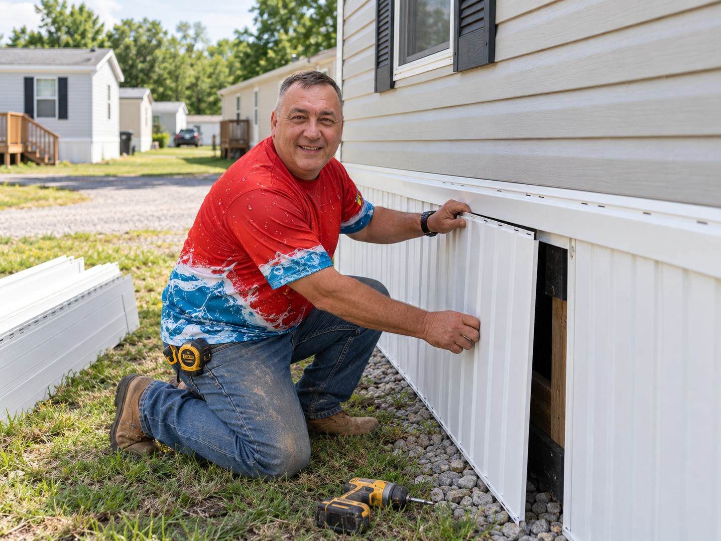 Heartland ProGutters character installing a new skirting panel