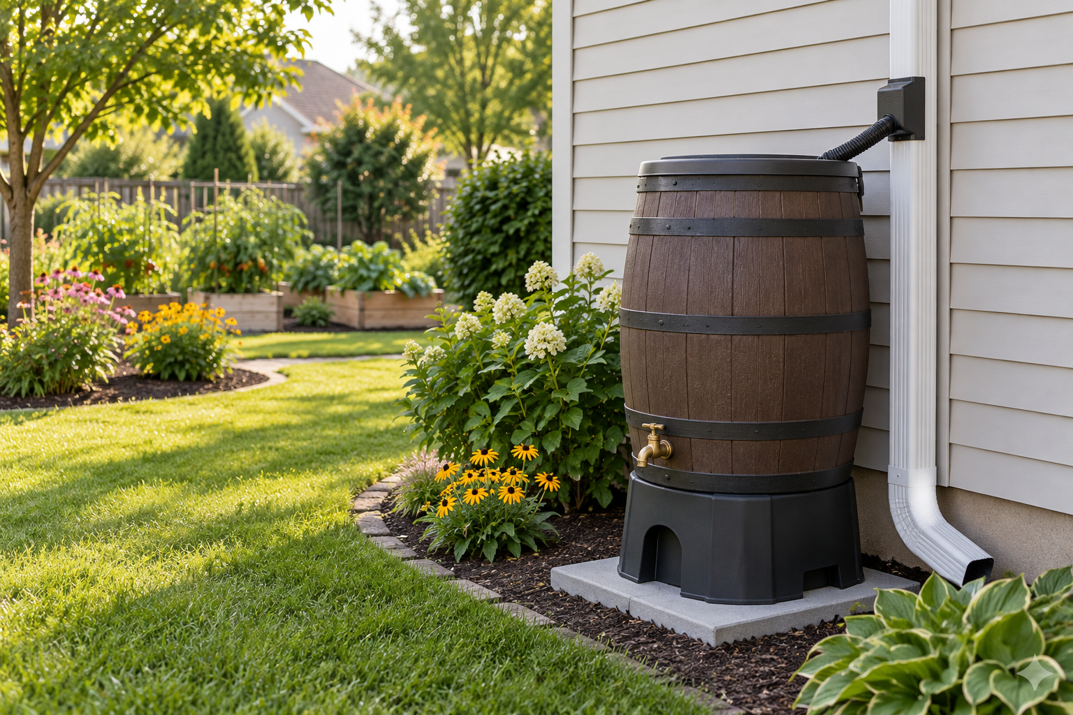 Oak-style rain barrel ready for an optional washable outlet debris filter