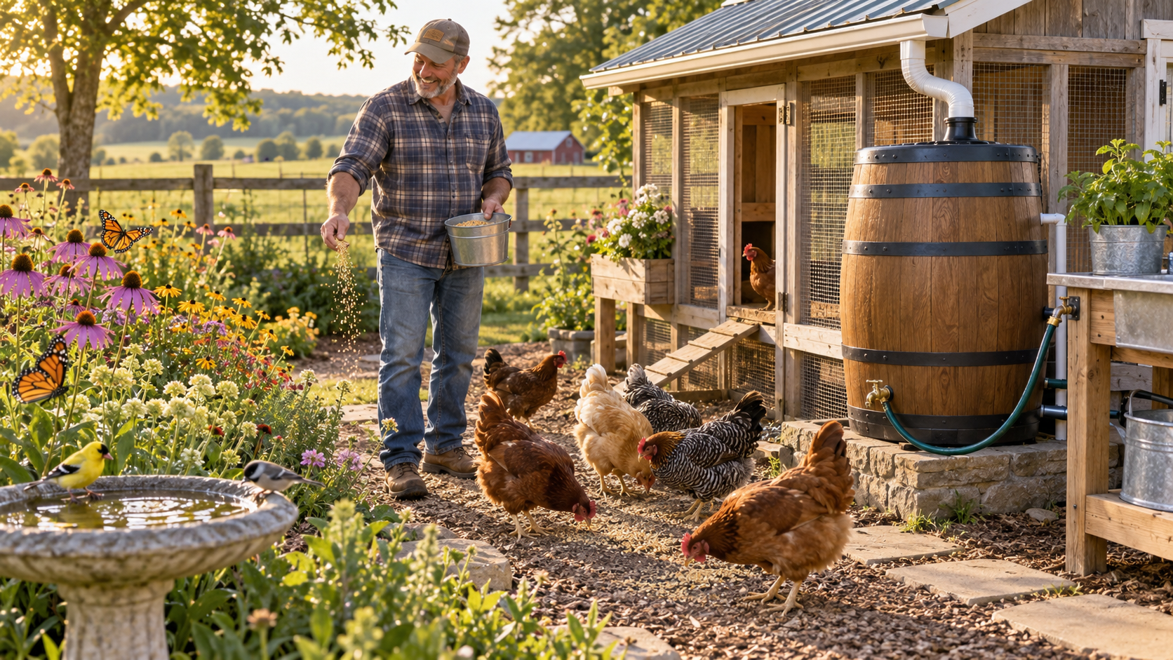 Homeowner caring for backyard chickens beside a connected rain barrel