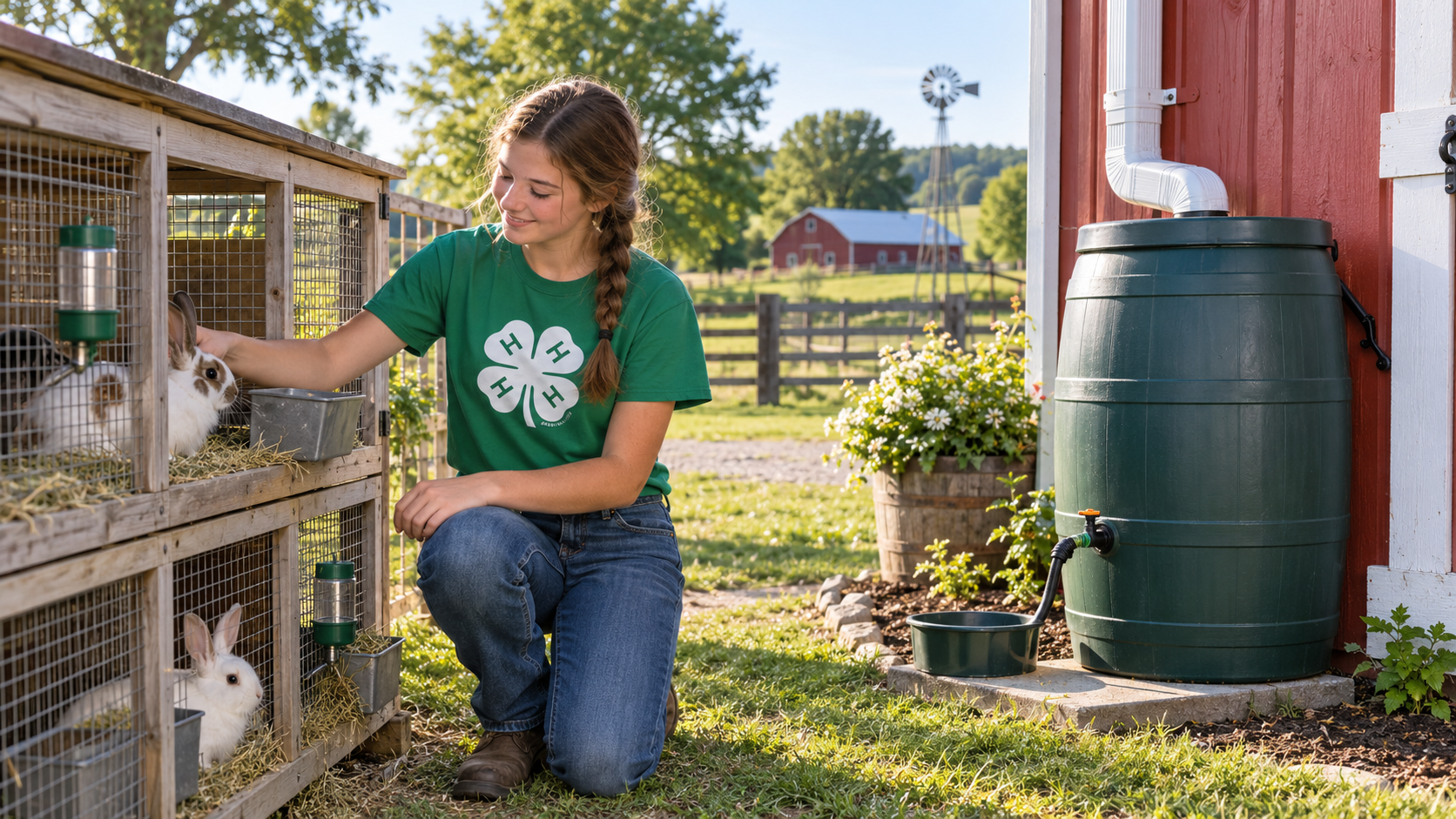 4-H student tending rabbits beside a barn-connected rain barrel