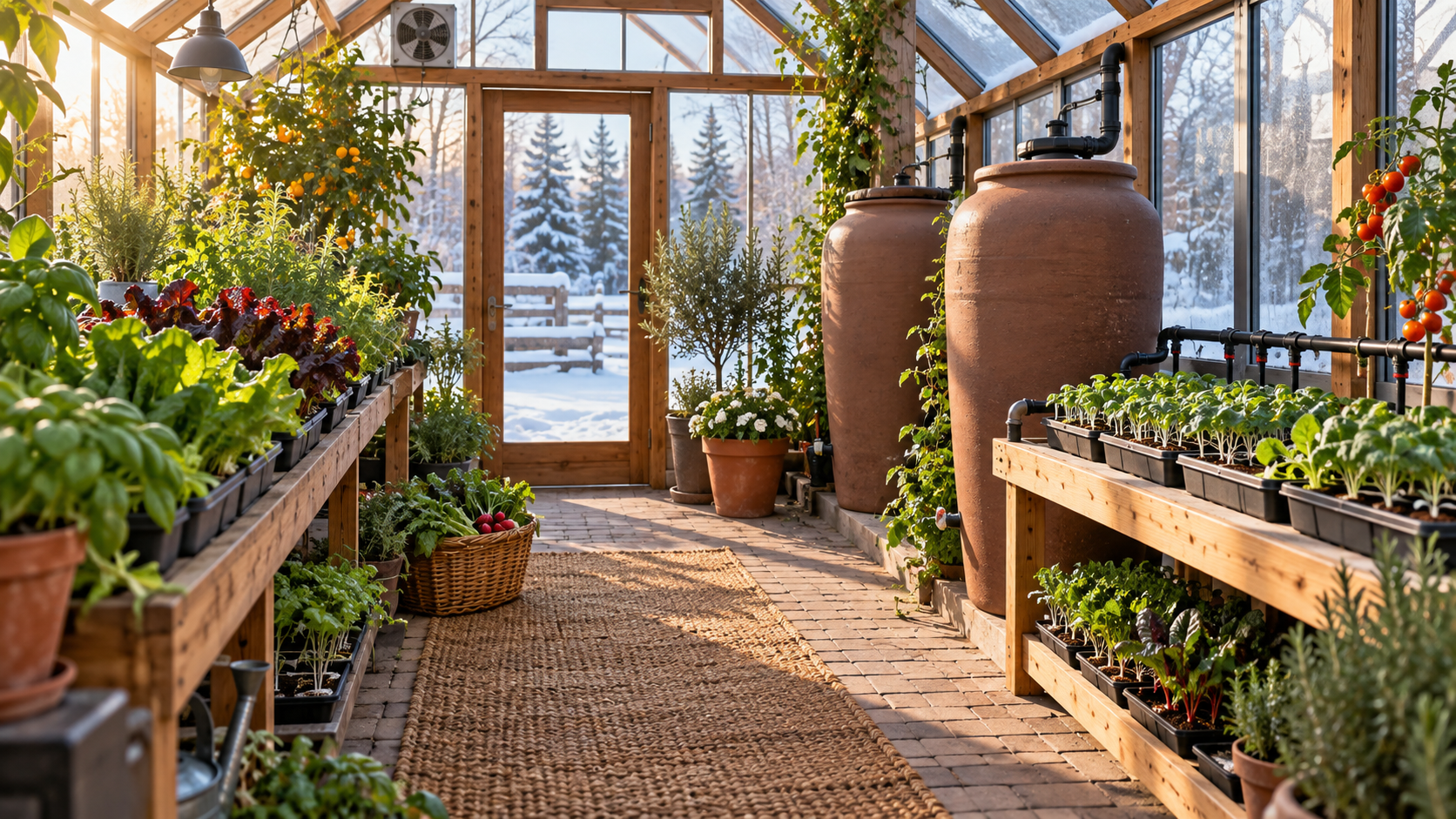 Productive greenhouse supported by conveniently located rainwater storage