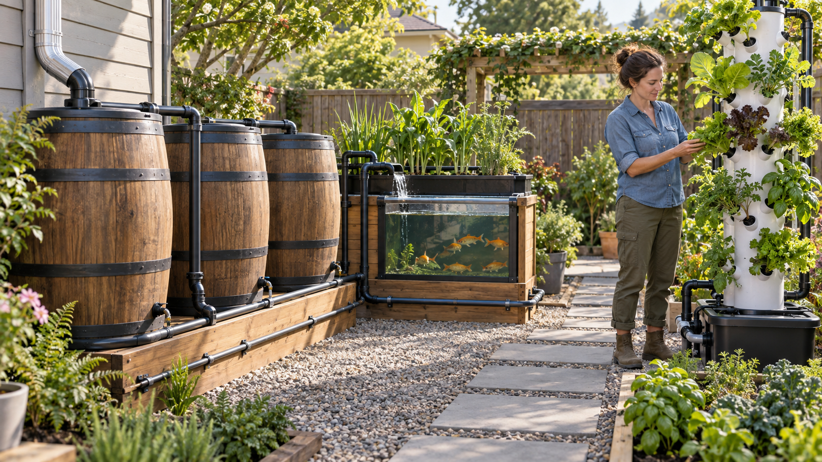 Rainwater storage supporting a backyard hydroponics and aquaculture system