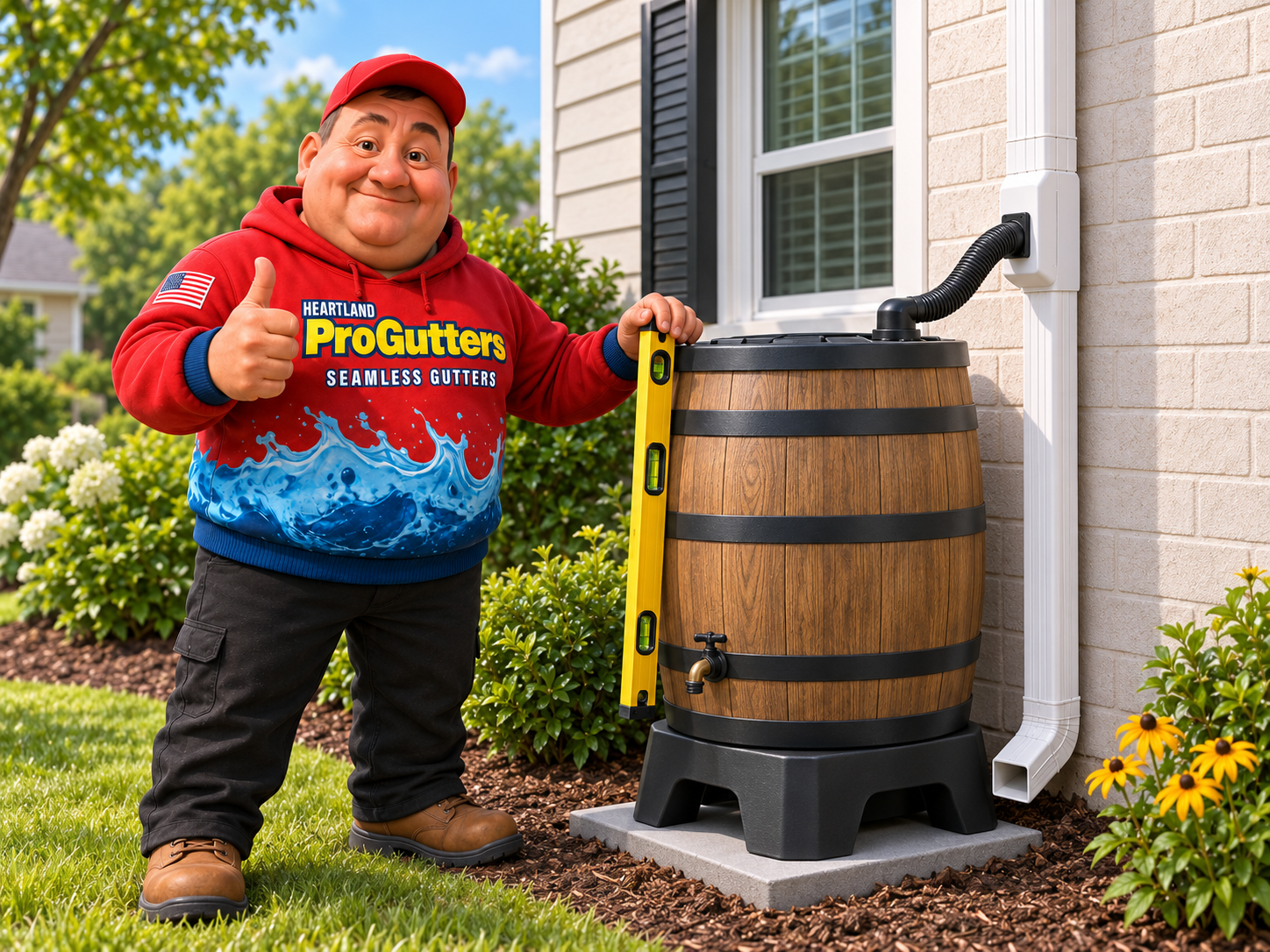 Installer leveling an oak-style barrel on a raised stand
