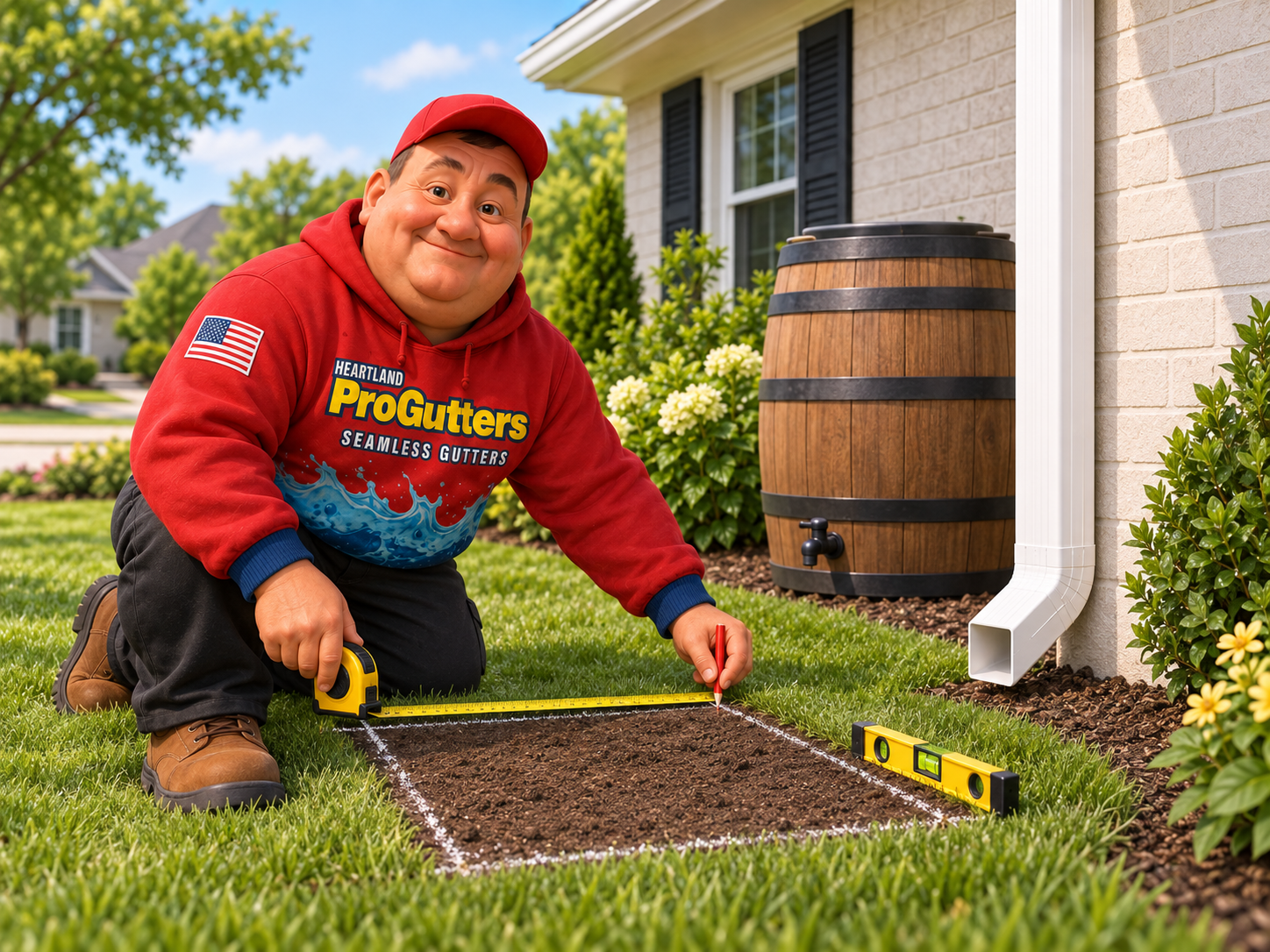 Installer measuring a 30-by-30-inch rain barrel location