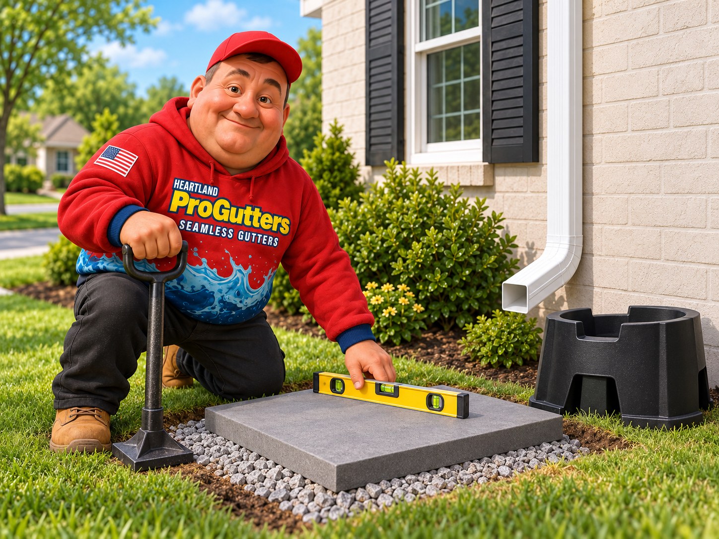 Installer preparing a compacted gravel base for a rain barrel