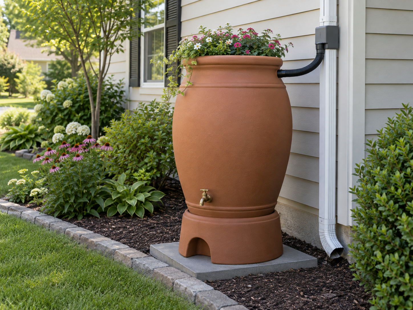 Decorative terracotta-style rain barrel in a landscaped setting