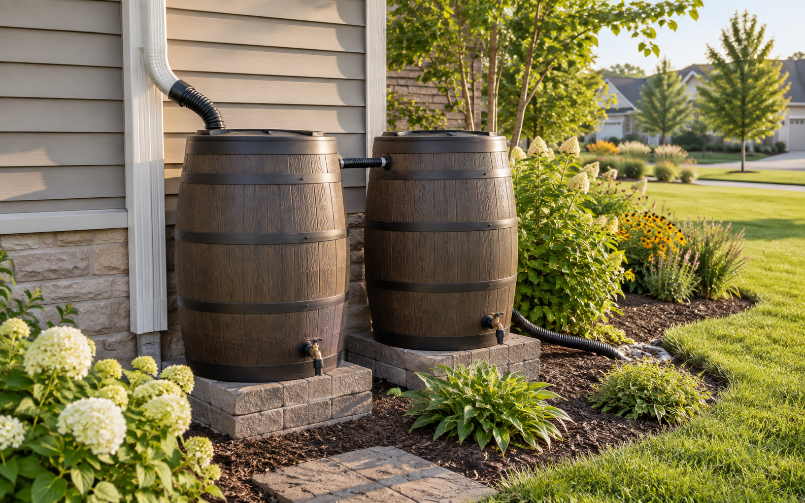 Two linked oak-style rain barrels beside a home