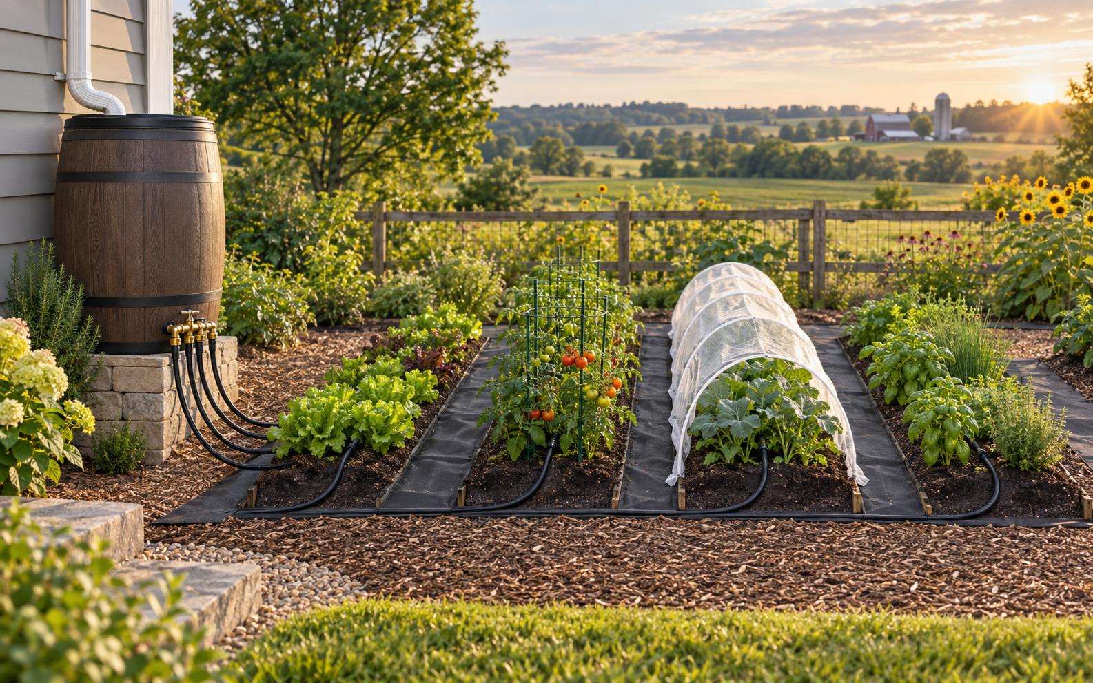 Four-outlet manifold supplying four short soaker hoses in garden rows