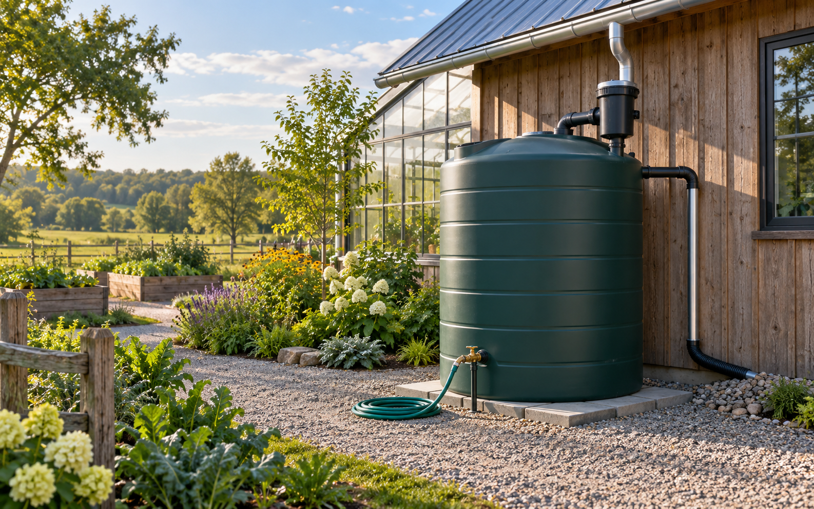 Neatly installed 500-gallon above-ground rainwater storage system