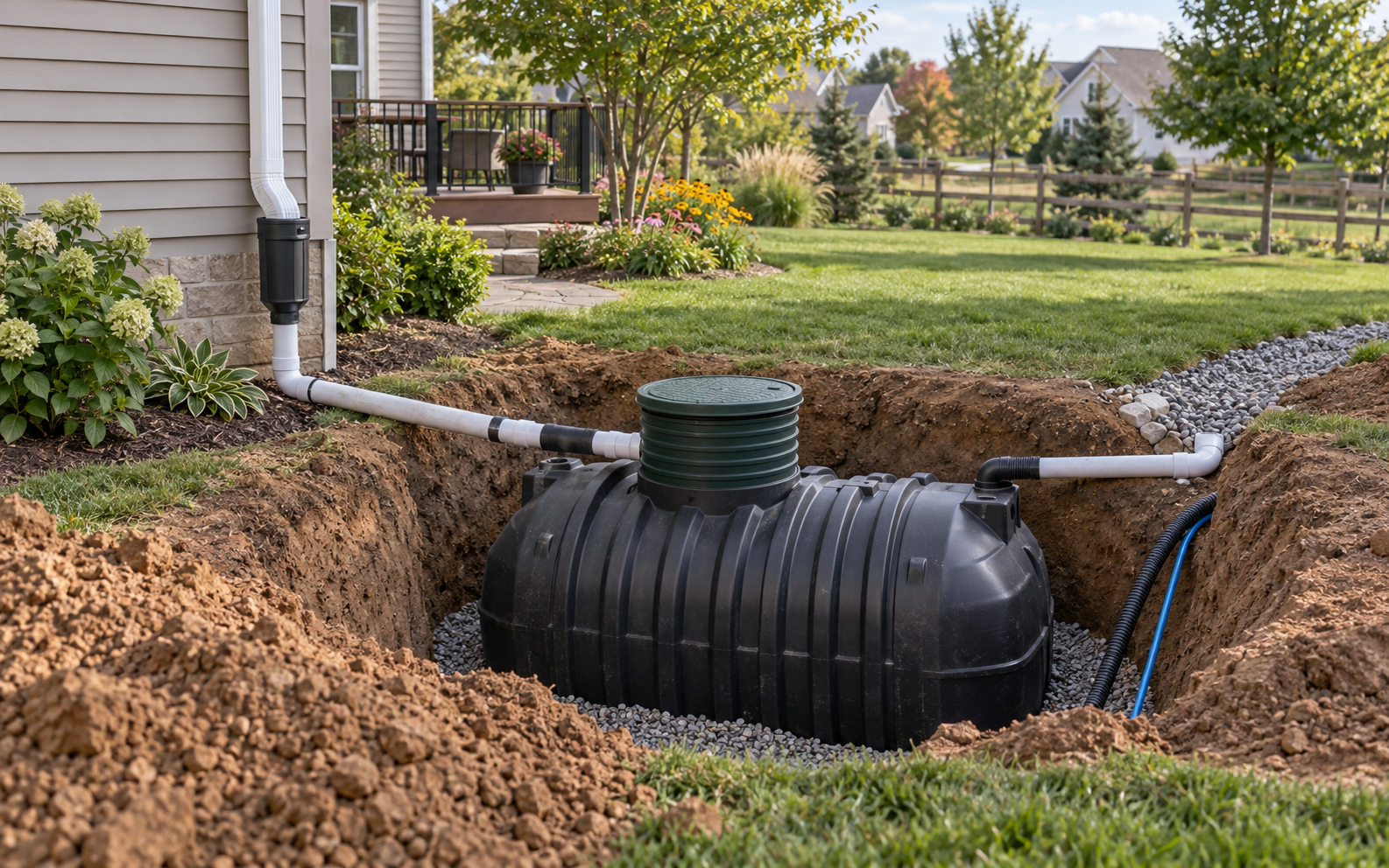 Diagram-style view of a 500-gallon underground rainwater cistern