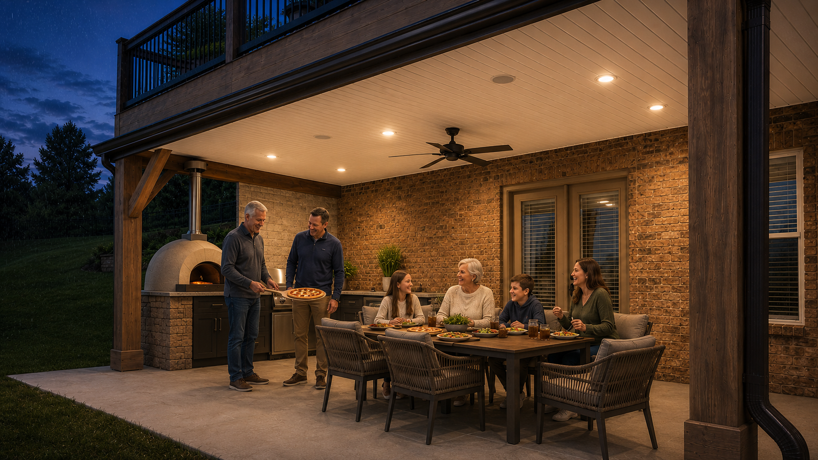 Three generations enjoying dinner, music, and warm lighting beneath a finished under-deck system. Three generations enjoying dinner, music, and warm lighting beneath a finished under-deck system.