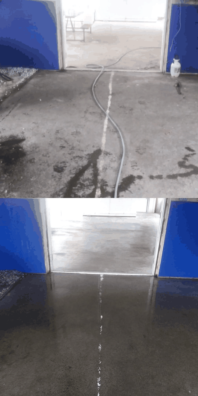 Before and after concrete floor cleaning, showing the same doorway and floor markings